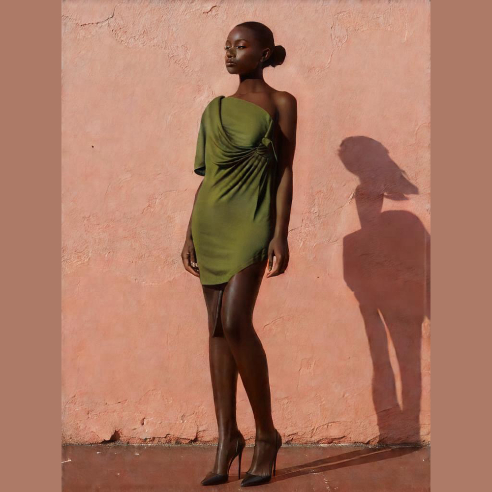 Kirundo Olive Green Off Shoulder Asymmetrical Mini Dress Large - Picture 1 of 9